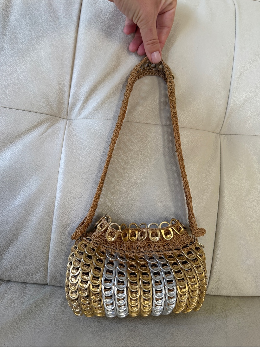 Handcrafted Gold & Silver Pop-Tab Shoulder Bag - Women's Crochet Evening Bag